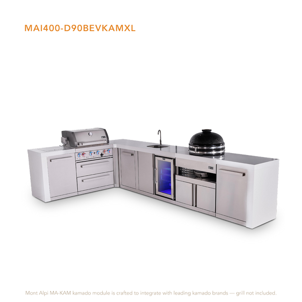 Mont Alpi 4-Burner L-Shaped Deluxe Series Outdoor Kitchen Island With Beverage Center And Kamado Module Plus Extra Storage Cabinet