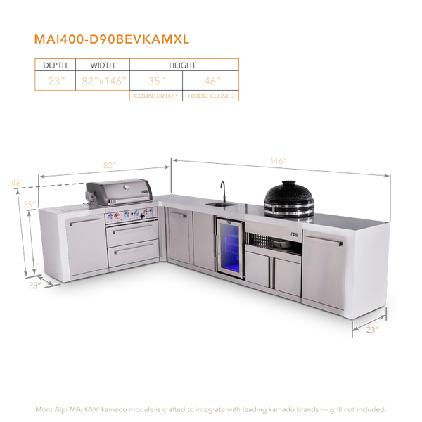 Mont Alpi 4-Burner L-Shaped Deluxe Series Outdoor Kitchen Island With Beverage Center And Kamado Module Plus Extra Storage Cabinet