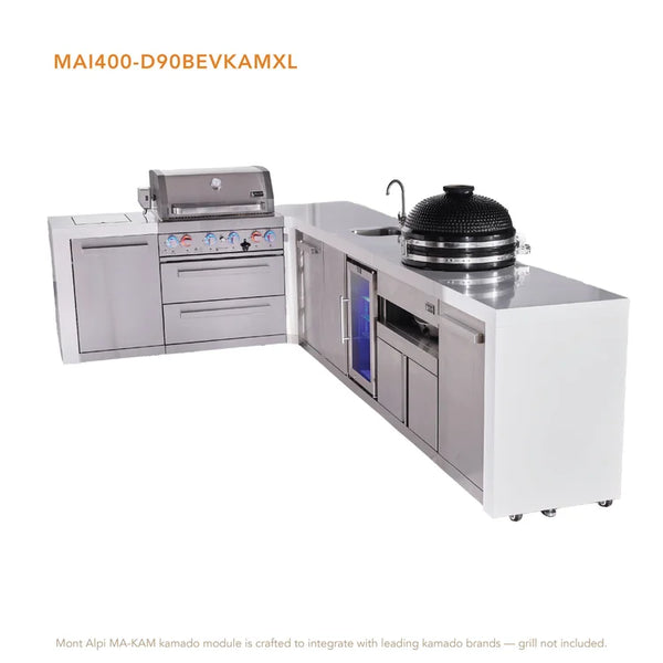 Mont Alpi 4-Burner L-Shaped Deluxe Series Outdoor Kitchen Island With Beverage Center And Kamado Module Plus Extra Storage Cabinet