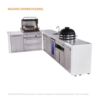 Mont Alpi 4-Burner L-Shaped Deluxe Series Outdoor Kitchen Island With Beverage Center And Kamado Module Plus Extra Storage Cabinet