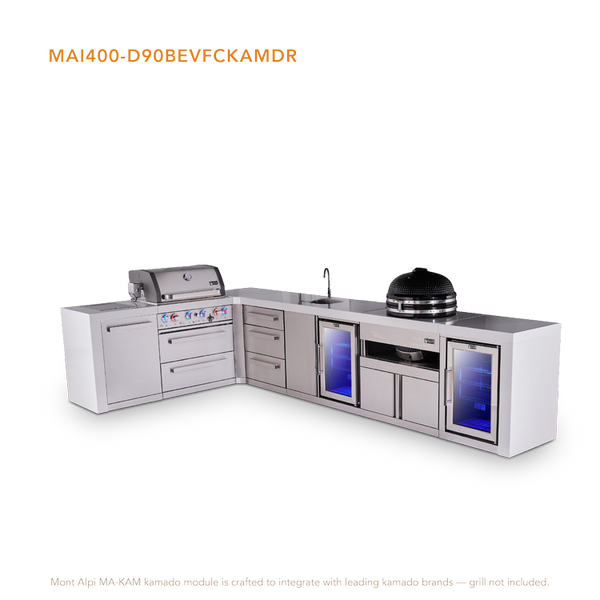 Mont Alpi 4-Burner L-Shaped Deluxe Outdoor Kitchen Island With Beverage Center, Kamado And Corner Fridge Module Plus Extra Drawer Slides Cabinet - MAi400-D90BEVFCKAMDR