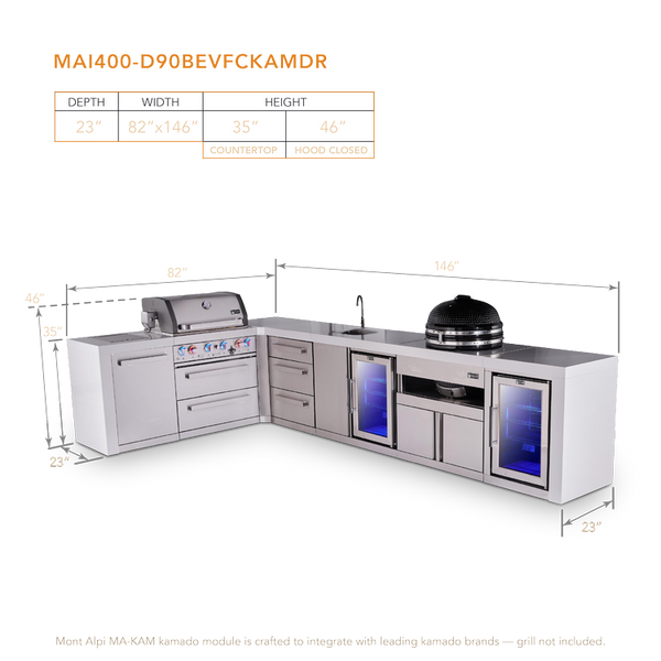 Mont Alpi 4-Burner L-Shaped Deluxe Outdoor Kitchen Island With Beverage Center, Kamado And Corner Fridge Module Plus Extra Drawer Slides Cabinet - MAi400-D90BEVFCKAMDR