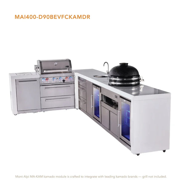 Mont Alpi 4-Burner L-Shaped Deluxe Outdoor Kitchen Island With Beverage Center, Kamado And Corner Fridge Module Plus Extra Drawer Slides Cabinet - MAi400-D90BEVFCKAMDR