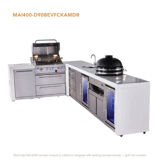 Mont Alpi 4-Burner L-Shaped Deluxe Outdoor Kitchen Island With Beverage Center, Kamado And Corner Fridge Module Plus Extra Drawer Slides Cabinet - MAi400-D90BEVFCKAMDR