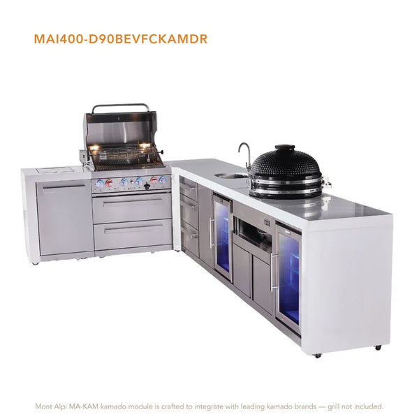 Mont Alpi 4-Burner L-Shaped Deluxe Outdoor Kitchen Island With Beverage Center, Kamado And Corner Fridge Module Plus Extra Drawer Slides Cabinet - MAi400-D90BEVFCKAMDR