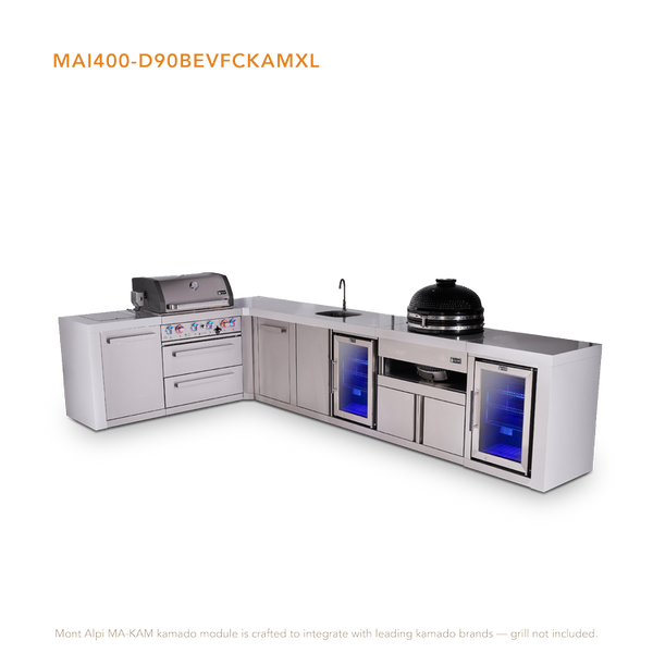 Mont Alpi 4-Burner L-Shaped Deluxe Series Outdoor Kitchen Island With Beverage Center, Kamado And Corner Fridge Module Plus Extra Storage Cabinet