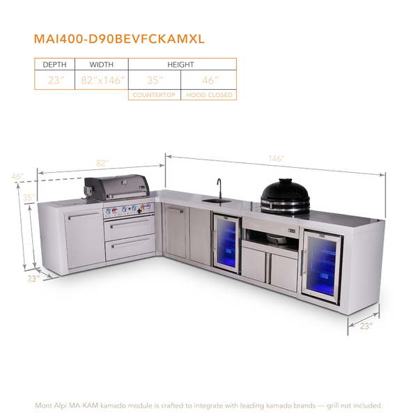 Mont Alpi 4-Burner L-Shaped Deluxe Series Outdoor Kitchen Island With Beverage Center, Kamado And Corner Fridge Module Plus Extra Storage Cabinet