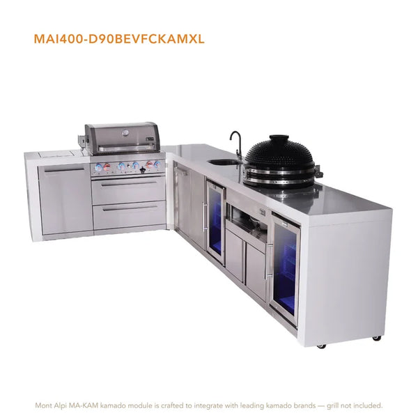 Mont Alpi 4-Burner L-Shaped Deluxe Series Outdoor Kitchen Island With Beverage Center, Kamado And Corner Fridge Module Plus Extra Storage Cabinet