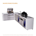 Mont Alpi 4-Burner L-Shaped Deluxe Series Outdoor Kitchen Island With Beverage Center, Kamado And Corner Fridge Module Plus Extra Storage Cabinet