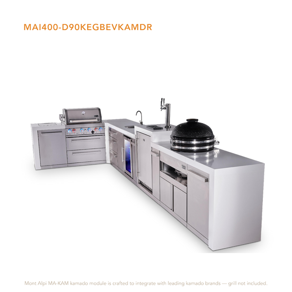 Mont Alpi 4-Burner L-Shaped Deluxe Series Outdoor Kitchen Island With Beverage Center, Kegerator, Kamado Module, And Extra Drawer Slides Cabinet - MAi400-D90KEGBEVKAMDR