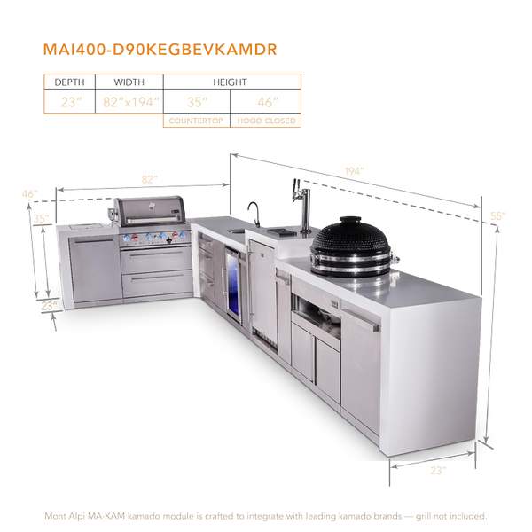 Mont Alpi 4-Burner L-Shaped Deluxe Series Outdoor Kitchen Island With Beverage Center, Kegerator, Kamado Module, And Extra Drawer Slides Cabinet - MAi400-D90KEGBEVKAMDR
