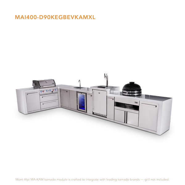 Mont Alpi 4-Burner L-Shaped Deluxe Series Outdoor Kitchen Island With Beverage Center, Kegerator, Kamado Module And Extra Storage Cabinet