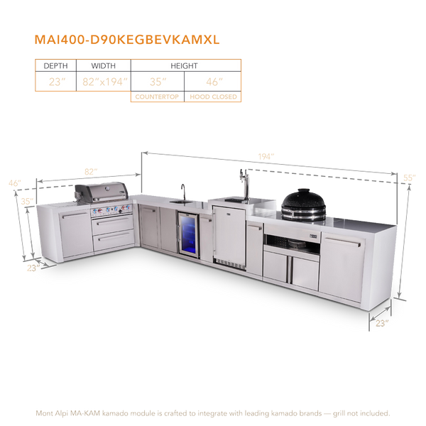 Mont Alpi 4-Burner L-Shaped Deluxe Series Outdoor Kitchen Island With Beverage Center, Kegerator, Kamado Module And Extra Storage Cabinet