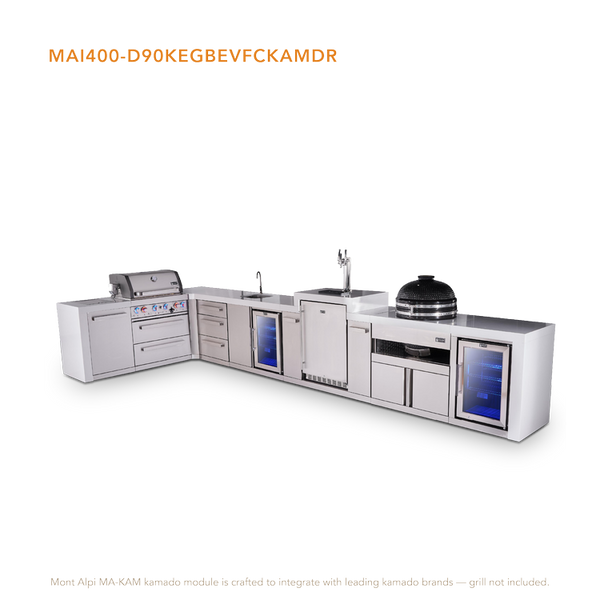 Mont Alpi 4-Burner L-Shaped Deluxe Series Outdoor Kitchen Island With Beverage Center, Kegerator, Kamado And Corner Fridge Module Plus Extra Drawer Slides Cabinet