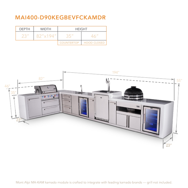 Mont Alpi 4-Burner L-Shaped Deluxe Series Outdoor Kitchen Island With Beverage Center, Kegerator, Kamado And Corner Fridge Module Plus Extra Drawer Slides Cabinet
