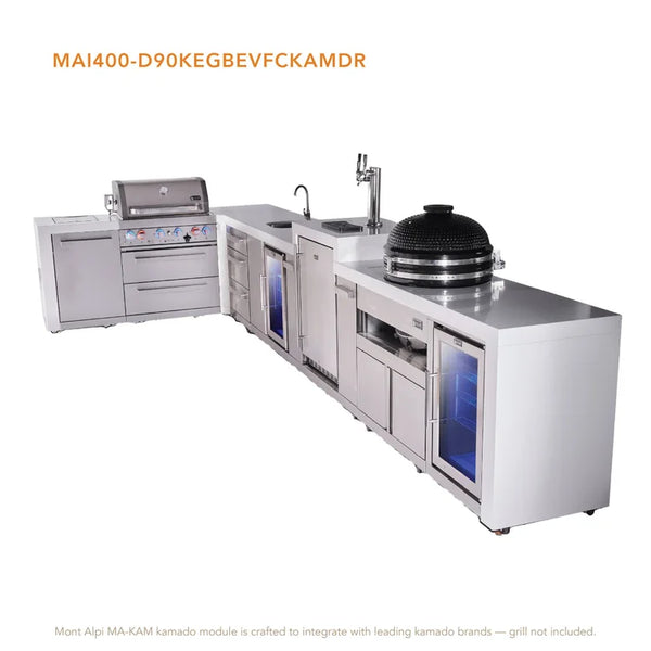 Mont Alpi 4-Burner L-Shaped Deluxe Series Outdoor Kitchen Island With Beverage Center, Kegerator, Kamado And Corner Fridge Module Plus Extra Drawer Slides Cabinet
