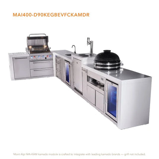Mont Alpi 4-Burner L-Shaped Deluxe Series Outdoor Kitchen Island With Beverage Center, Kegerator, Kamado And Corner Fridge Module Plus Extra Drawer Slides Cabinet