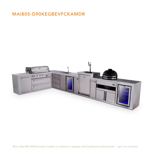 Mont Alpi 6-Burner L-Shaped Deluxe Series Outdoor Kitchen Island With Beverage Center, Kegerator, Kamado & Corner Fridge Module Plus Extra Drawer Slides Cabinet - MAi805-D90KEGBEVFCKAMDR
