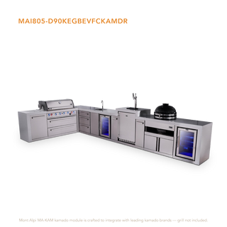 Mont Alpi 6-Burner L-Shaped Deluxe Series Outdoor Kitchen Island With Beverage Center, Kegerator, Kamado & Corner Fridge Module Plus Extra Drawer Slides Cabinet - MAi805-D90KEGBEVFCKAMDR