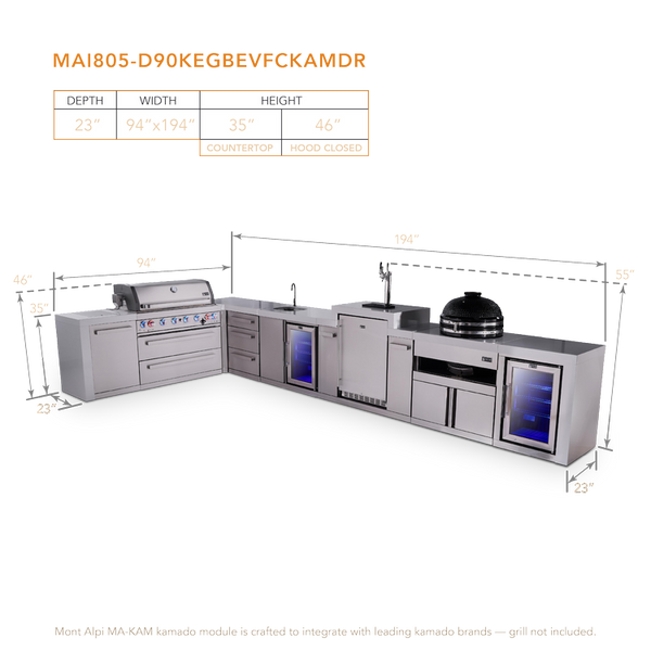 Mont Alpi 6-Burner L-Shaped Deluxe Series Outdoor Kitchen Island With Beverage Center, Kegerator, Kamado & Corner Fridge Module Plus Extra Drawer Slides Cabinet - MAi805-D90KEGBEVFCKAMDR
