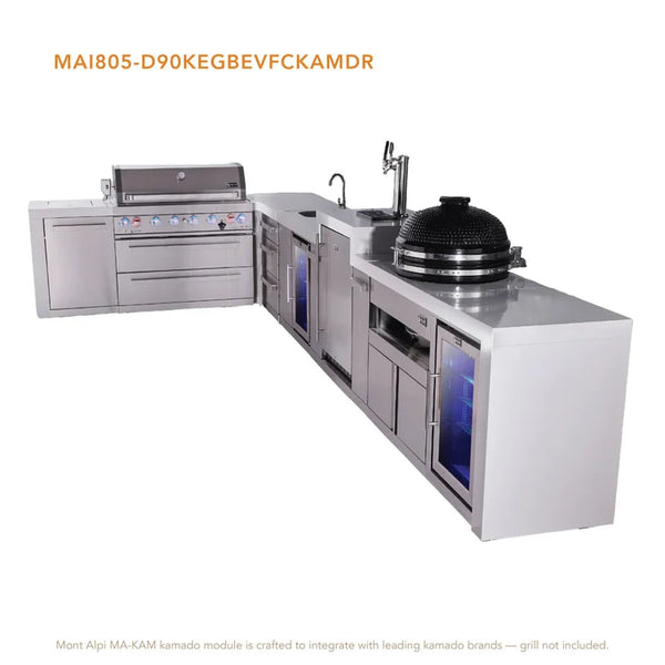 Mont Alpi 6-Burner L-Shaped Deluxe Series Outdoor Kitchen Island With Kegerator, Kamado And Corner Fridge Module Plus Extra Drawers Slide Cabinet - MAi805-D90KEGBEVKAMDR