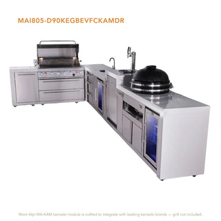 Mont Alpi 6-Burner L-Shaped Deluxe Series Outdoor Kitchen Island With Kegerator, Kamado And Corner Fridge Module Plus Extra Drawers Slide Cabinet - MAi805-D90KEGBEVKAMDR
