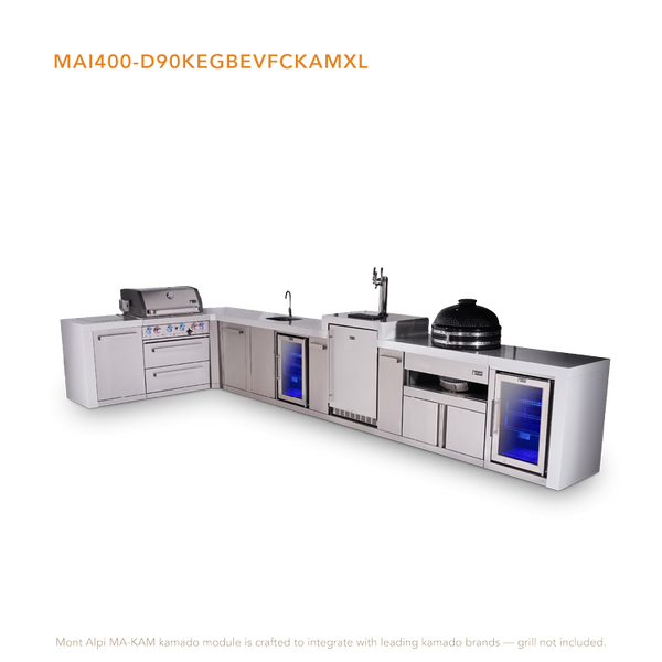 Mont Alpi 4-Burner L-Shaped Deluxe Series Outdoor Kitchen Island With Beverage Center, Kegerator, Kamado And Corner Fridge Module Plus Extra Storage Cabinet