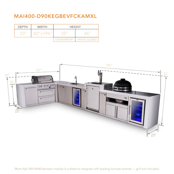 Mont Alpi 4-Burner L-Shaped Deluxe Series Outdoor Kitchen Island With Beverage Center, Kegerator, Kamado And Corner Fridge Module Plus Extra Storage Cabinet