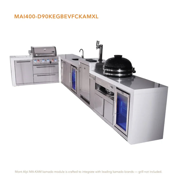 Mont Alpi 4-Burner L-Shaped Deluxe Series Outdoor Kitchen Island With Beverage Center, Kegerator, Kamado And Corner Fridge Module Plus Extra Storage Cabinet