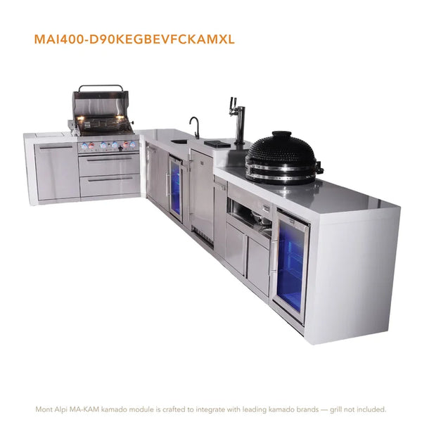 Mont Alpi 4-Burner L-Shaped Deluxe Series Outdoor Kitchen Island With Beverage Center, Kegerator, Kamado And Corner Fridge Module Plus Extra Storage Cabinet