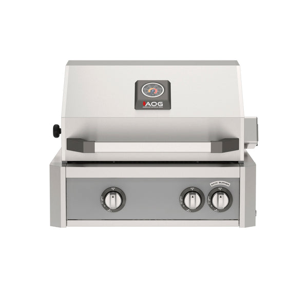 American Outdoor Grill 24 inch L-Series built-in gas grill in gray finish with rear burner and rotisserie kit