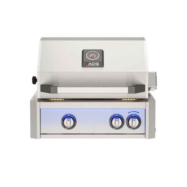 American Outdoor Grill 24 inch L-Series built-in gas grill in stainless steel finish with rear burner and rotisserie kit