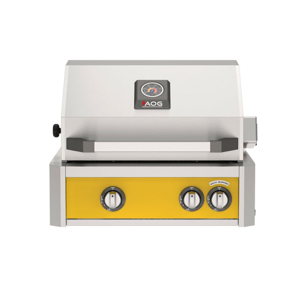 American Outdoor Grill 24 inch L-Series built-in gas grill in yellow finish with rear burner and rotisserie kit