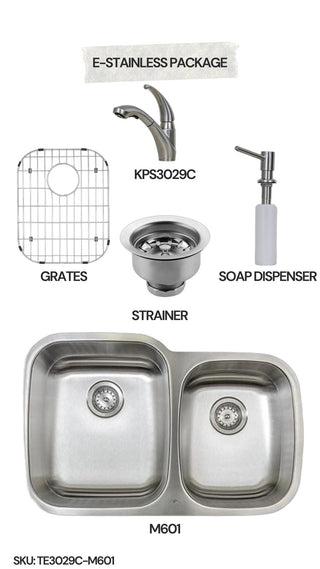 E-Stainless Shasta KPS3029C, Soap Dispenser, Strainer, Grates, and M601