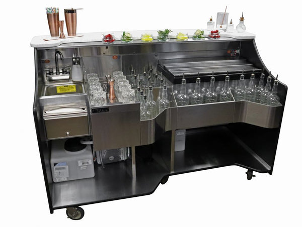 Perlick 70”  Tobin Ellis Signature Series Mobile Bar: 1 drainboard, bottle well, ice chest, bottle rail, hand wash sink, hot water heater