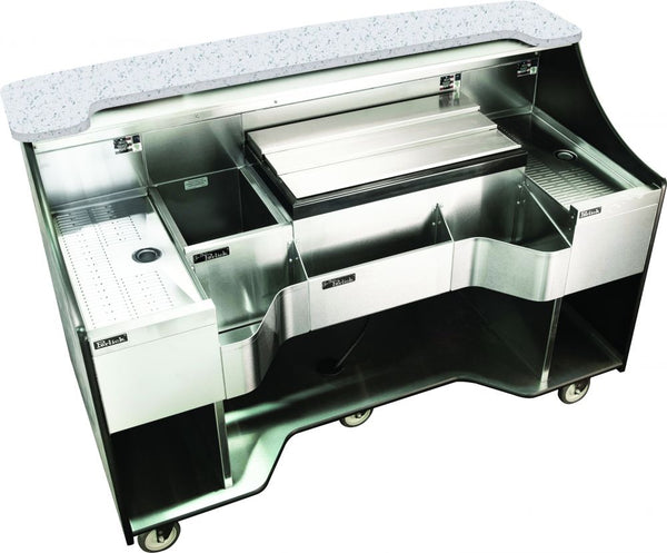 Perlick 70” Tobin Ellis Signature Series Mobile Bar: two drainboards, bottle well, ice chest, and bottle rail