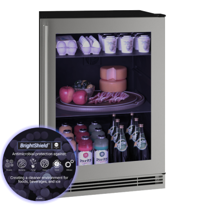 U-Line Glass Refrigerator 24" Reversible Hinge Stainless Frame 115v BrightShield