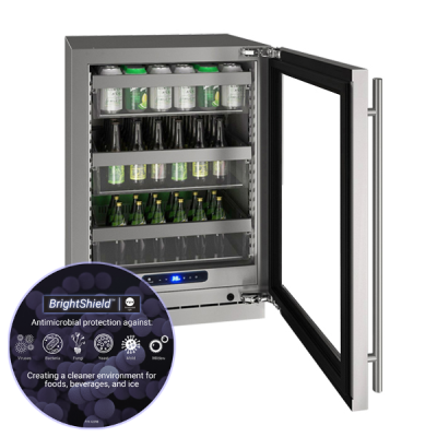 U-Line Glass Refrigerator 24" Reversible Hinge Stainless Frame 115v BrightShield