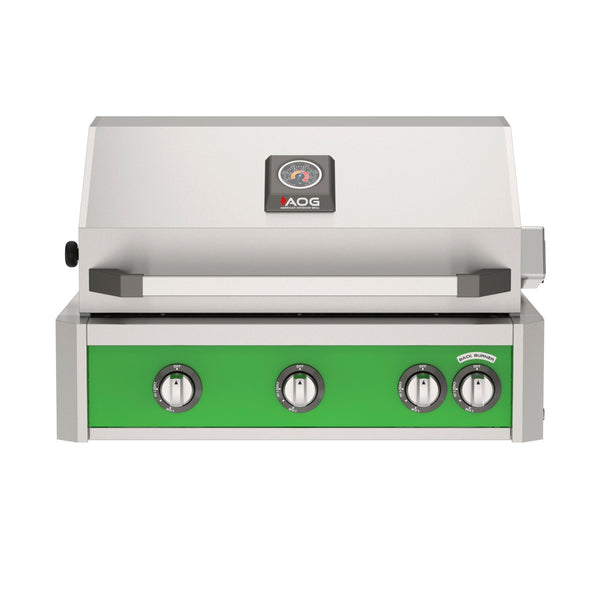 American Outdoor Grill 30 inch L-Series built-in gas grill in green with rear infrared burner and rotisserie kit