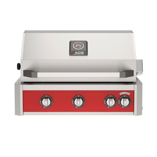 American Outdoor Grill 30 inch L-Series built-in gas grill in red with rear infrared burner and rotisserie kit