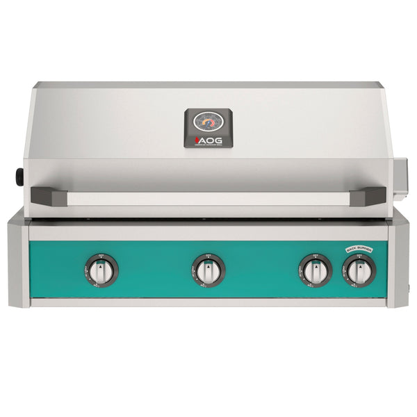 American Outdoor Grill 36 inch L-Series built-in gas grill in teal with rear infrared burner and rotisserie kit