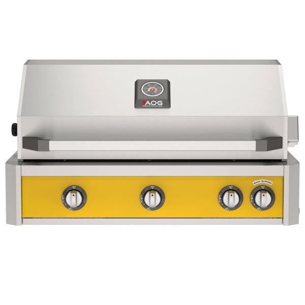 American Outdoor Grill 36 inch L-Series built-in gas grill in yellow with rear infrared burner and rotisserie kit