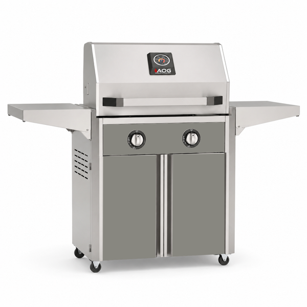 American Outdoor Grill 24-inch T-Series freestanding gas grill with lid closed, grey finish, front view on white background
