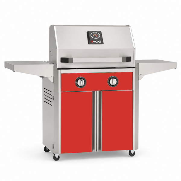 American Outdoor Grill 24-inch T-Series freestanding gas grill with lid closed, red finish, front view on white background
