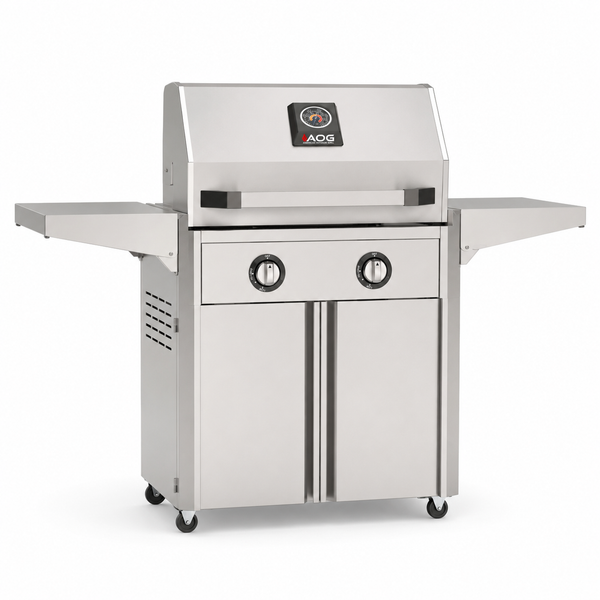 American Outdoor Grill 24-inch T-Series freestanding gas grill with lid closed, stainless steel finish, front view on white background
