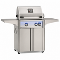 American Outdoor Grill 24-inch L-Series freestanding gas grill with lid closed, stainless steel finish, front view on white background

