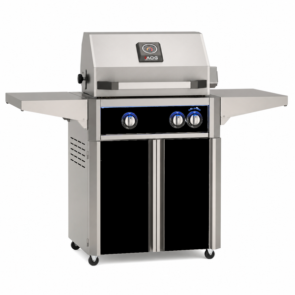 American Outdoor Grill 24-inch L-Series freestanding gas grill with lid closed,  black finish, front view on white background

