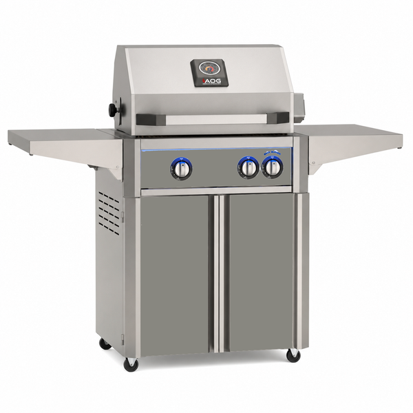 American Outdoor Grill 24-inch L-Series freestanding gas grill with lid closed, grey finish, front view on white background

