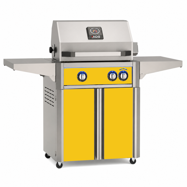 American Outdoor Grill 24-inch L-Series freestanding gas grill with lid closed, yellow finish, front view on white background

