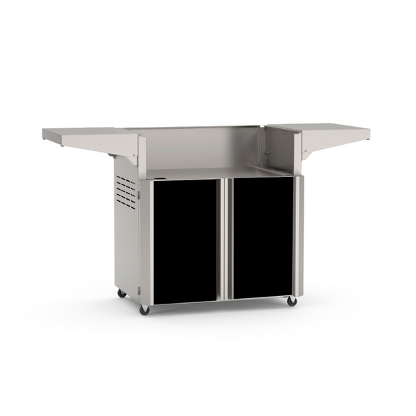American Outdoor Grill 30-inch portable cart base with black cabinet door panels, stainless steel frame, fold-down side shelves, 4-wheel casters

